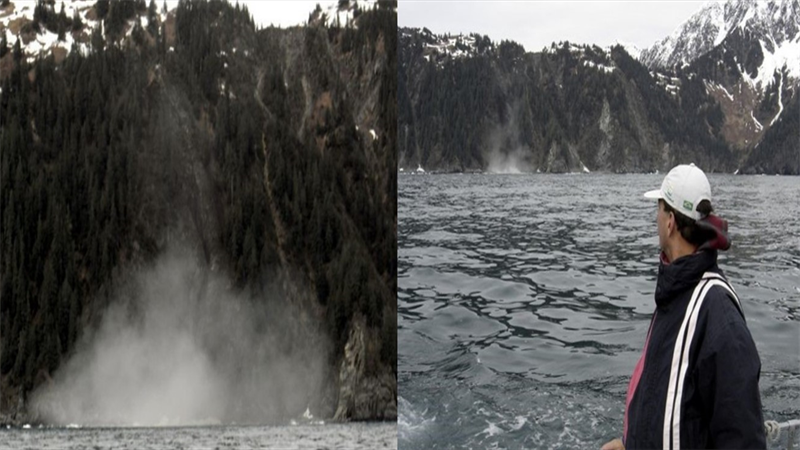 Após as orcas se afastarem ocorreu o deslizamento (em detalhe a esquerda), sendo observado do barco (direita). Foto: Milton Marcondes